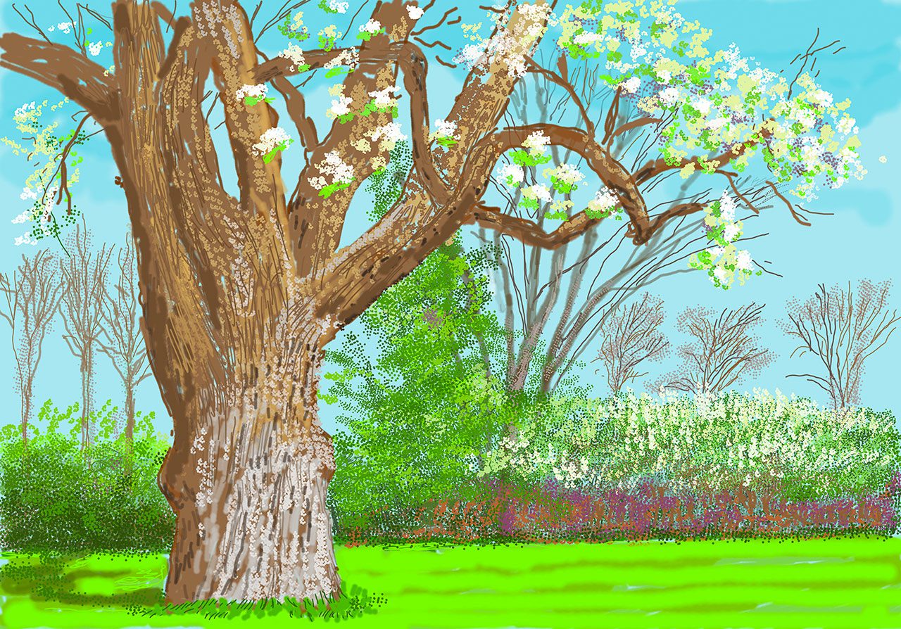 David Hockney, 27th March 2020, No. 1, iPad painting printed on paper, mounted on 5 panels, Exhibition Proof 2, 364.09 x 521.4 cm (143.343 x 205.276 Inches), © David Hockney