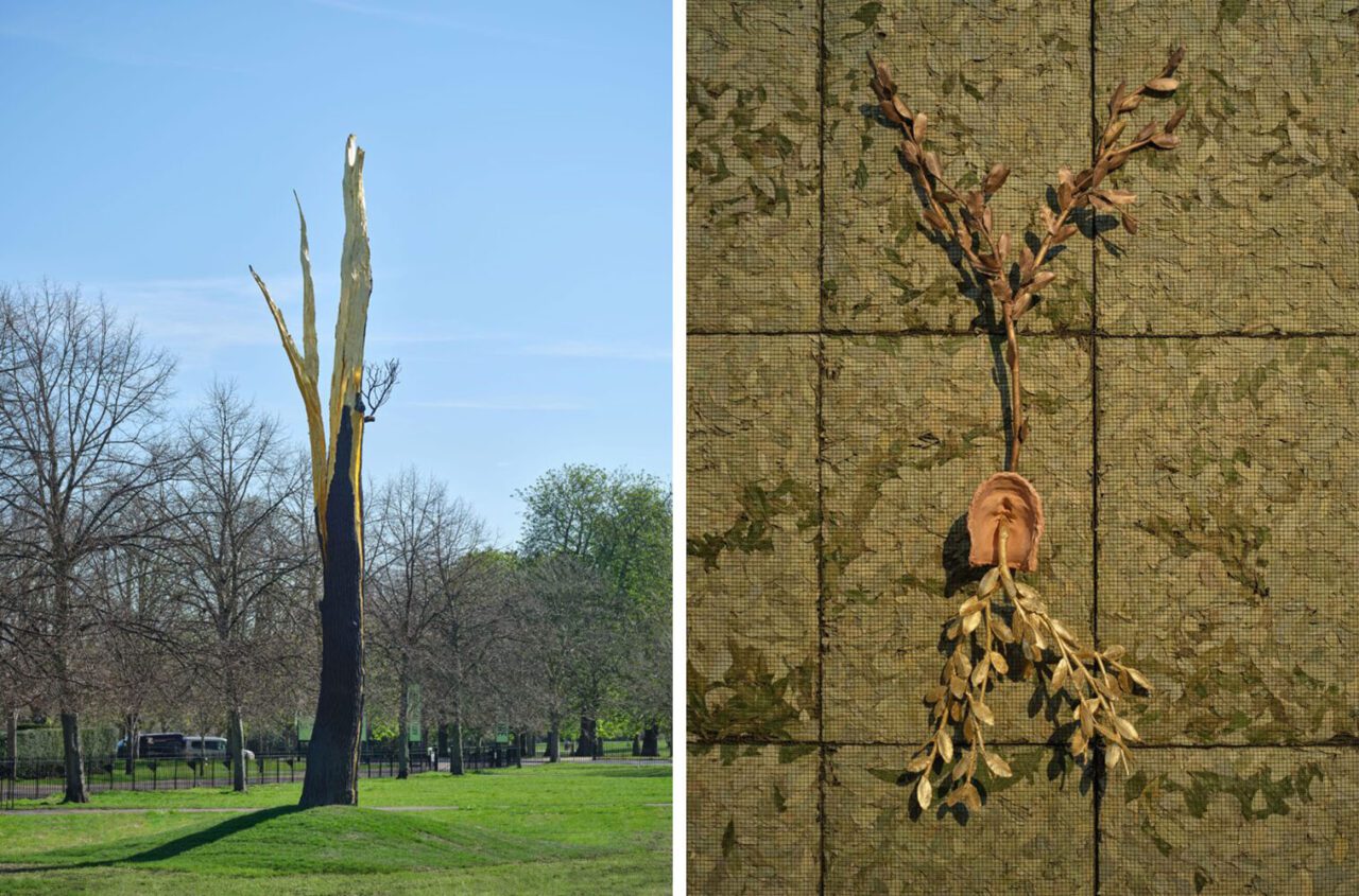 Left: Giuseppe Penone, Albero folgorato (Thunderstruck Tree), 2012. Bronze and gold. ©Photo: George Darrell. Courtesy Giuseppe Penone and SerpentineRight: Giuseppe Penone, Respirare l’ombra (To Breathe the Shadow), 2000. Metal grids, laurel leaves, and bronze. ©Photo: George Darrell. Courtesy Giuseppe Penone and Serpentine