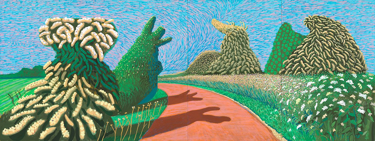 David Hockney, May Blossom on the Roman Road, 2009, Oil on 8 canvases (36 x 48" each), 182.88 x 487.7 x 0 cm (72 x 192 x 0 Inches), © David Hockney, Photo Credit: Richard Schmidt