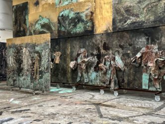 nselm Kiefer, Sag mir wo die Blumen sind (2024), Installation view at studio, Atelier Anselm Kiefer, Croissy, France. Emulsion, oil, acrylic, shellac, gold leaf, sediment of electrolysis, clay, dried flowers, straw, fabric, steel, charcoal and collage of canvas on canvas. Collection of the artist, courtesy White Cube, © Anselm Kiefer. Photo: Nina Slavcheva