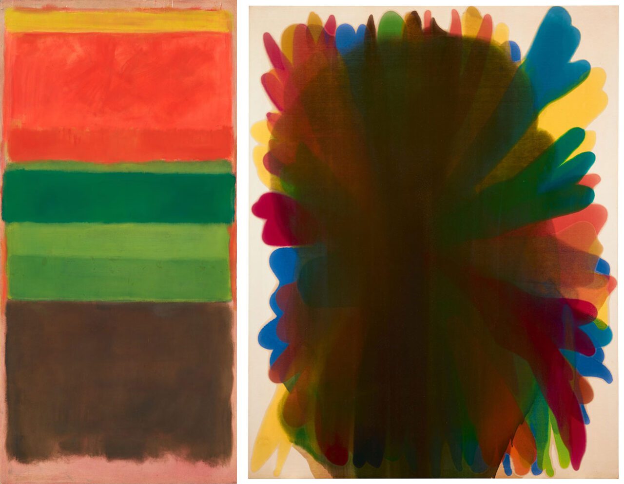 Left: Mark Rothko, Untitled, 1949, Oil and mixed media on canvas, 228.9 × 112 cm, National Gallery of Art, Washington, Gift of The Mark Rothko Foundation, Inc., 1986.43.158, ©️ 1998 Kate Rothko Prizel & Christopher Rothko / VEGAP, Bilbao, 2025Right: Morris Louis, Aleph Series V, 1960, Magna on canvas, 266.7 × 208.3 cm, Helen Frankenthaler Foundation, New York, © Morris Louis, VEGAP, Bilbao 2025, Photo: Dan Bradica, courtesy Helen Frankenthaler Foundation, New York
