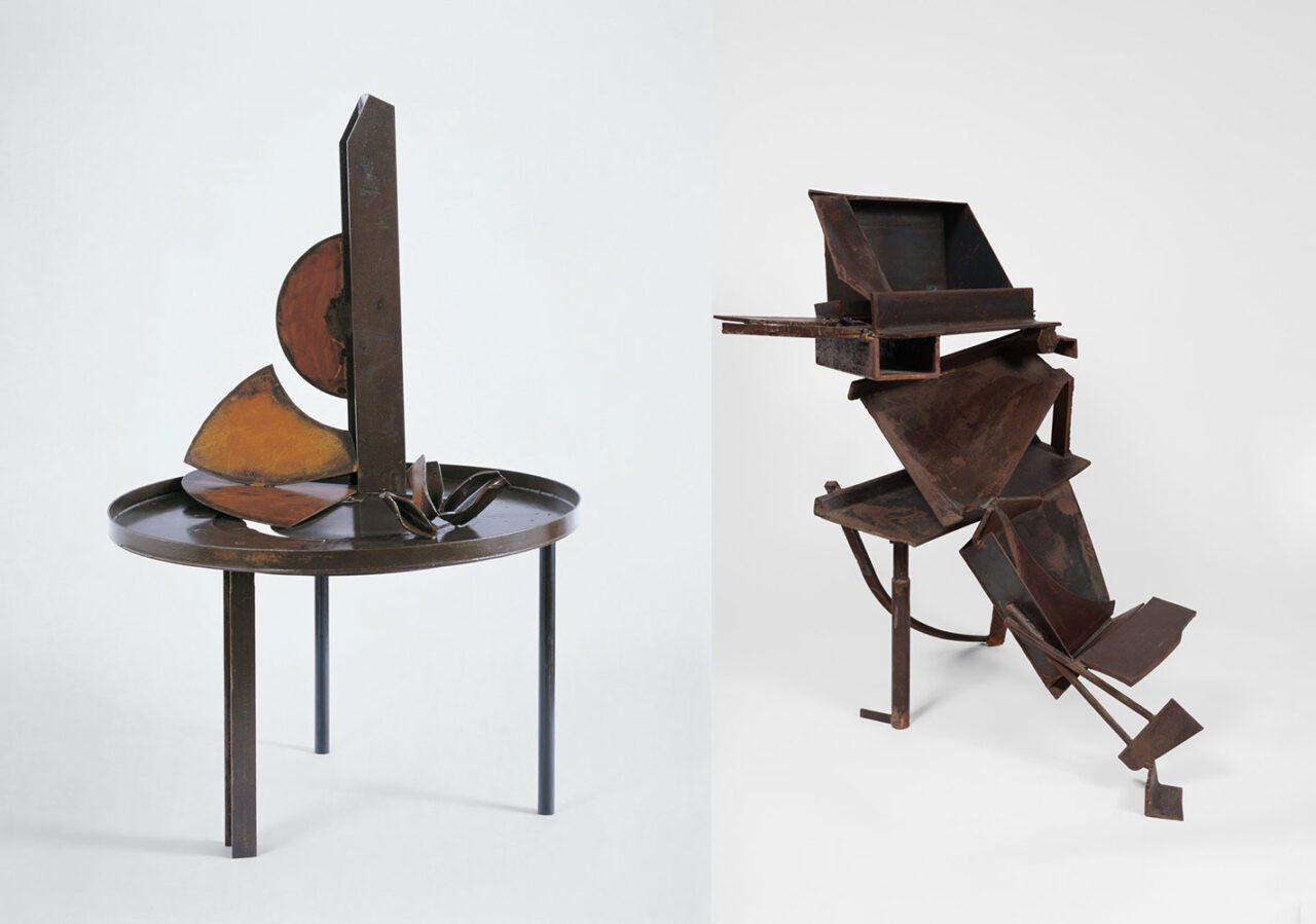 Left: Helen Frankenthaler, Matisse Table, 1972, Steel, 209.6 x 134.6 cm, Helen Frankenthaler Foundation, New York, © 2025 Helen Frankenthaler Foundation, Inc./Artists Rights Society (ARS), New York / VEGAP, Photo: Jeffrey Sturges, courtesy Helen Frankenthaler Foundation, New YorkRight: Anthony Caro, Ascending the Stairs, 1979-83, Steel and sheet, varnished, 111.8 x 83.8 x 101.6 cm, Helen Frankenthaler Foundation, New York, © Anthony Caro, VEGAP, Bilbao 2025, Photo: Thomas Barratt, courtesy Helen Frankenthaler Foundation, New York