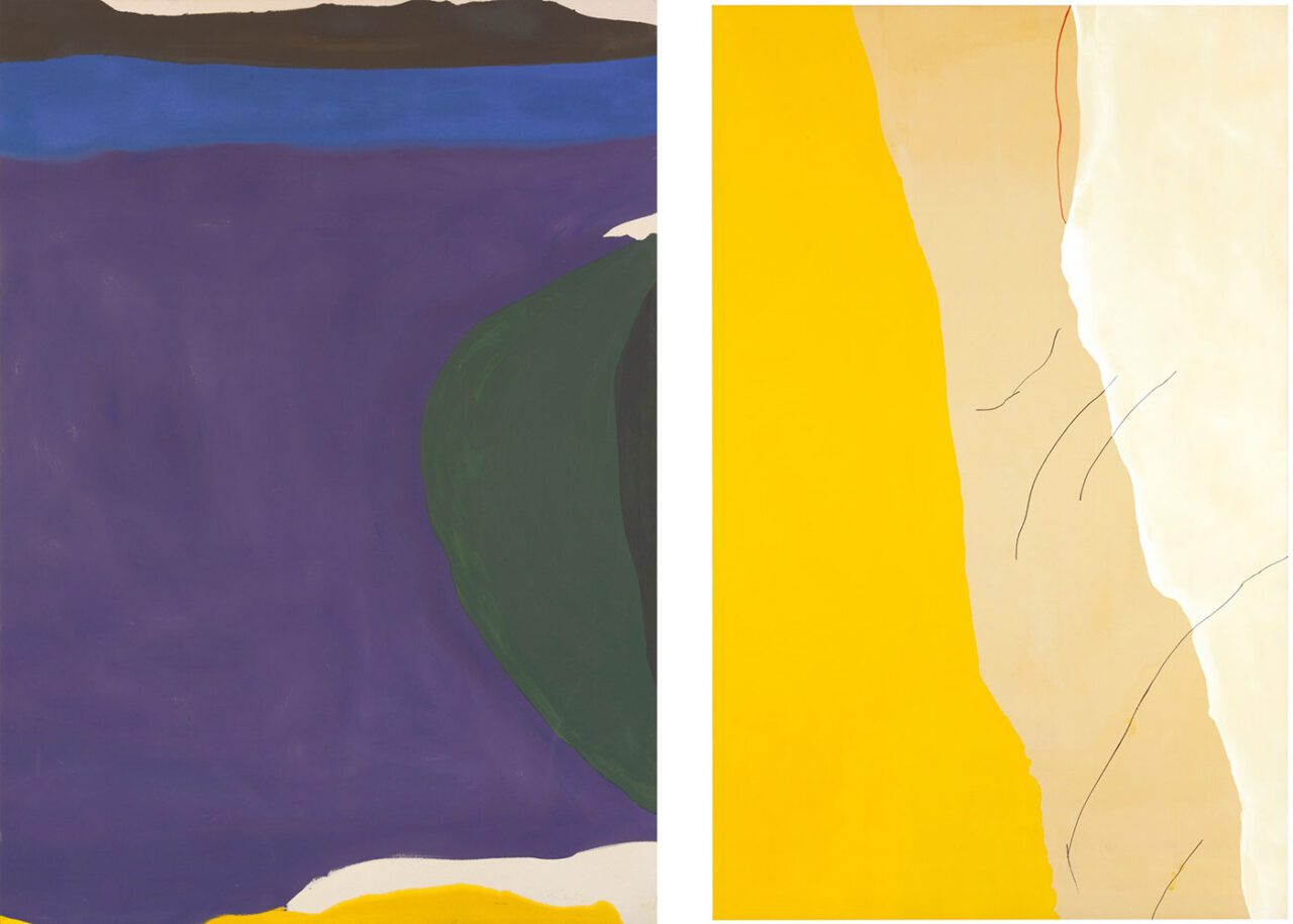 Left: Helen Frankenthaler, Santorini, 1965, Acrylic on canvas, 269.2 × 175.3 cm, Guggenheim Bilbao Museoa. Donación de Helen Frankenthaler Foundation, Inc., © 2025 Helen Frankenthaler Foundation / VEGAPRight: Helen Frankenthaler, Mornings, 1971, Acrylic on canvas, 294.6 x 185.4 cm, Helen Frankenthaler Foundation, New York, © 2025 Helen Frankenthaler Foundation, Inc./Artists Rights Society (ARS), New York / VEGAP, Photo: Rob McKeever, courtesy Gagosian