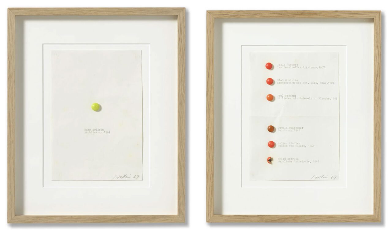 Left: Hans Hollein, Non-physical Environment – Architektur aus der Pille, 1967, Hans Hollein, Architektur, 1967, Pill on paper, typewriter font, 21 x 15 cm (8.27 x 5.91 in), Courtesy thaddaeur Ropac Gallery Right: Hans Hollein, Non-physical Environment – Architektur aus der Pille, 1967, Pablo Picassso, Les Demoiselles d‘Avignon, 1907, Piet Mondrian..., 1967, Pill on paper, typewriter font, 21 x 15 cm (8.27 x 5.91 in), Courtesy thaddaeur Ropac Gallery