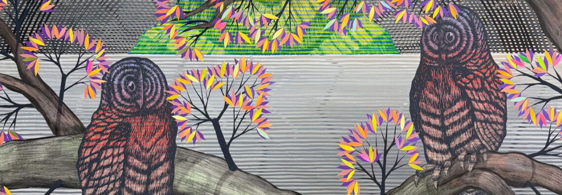 Andrew Schoultz, Electric Mountain in Grey Landscape (Two Owls), 2025, acrylic, graphite and collage on canvas over panel, 60 x 60 in, 152.4 x 152.4 cm, © Andrew Schoultz, Courtesy the artist and Hosfelt Gallery