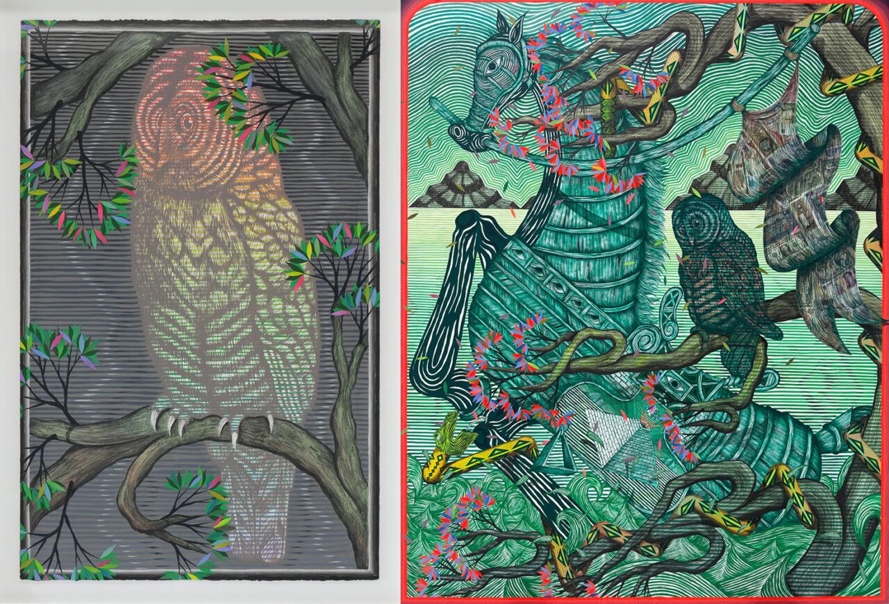Left: Andrew Schoultz, Grey Owl (In Tree), 2025, acrylic, graphite and collage on paper, 40 1/2 x 25 1/2 in, 102.9 x 64.8 cm, © Andrew Schoultz, Courtesy the artist and Hosfelt GalleryRight: Andrew Schoultz, In This Age, War Is Always Struggling to Stay Afloat, It Can Float for a While, but in Time, Nature Will Swallow It, 2025, acrylic, graphite and collage on canvas over panel, 78 x 63 in, 198.1 x 160 cm, © Andrew Schoultz, Courtesy the artist and Hosfelt Gallery