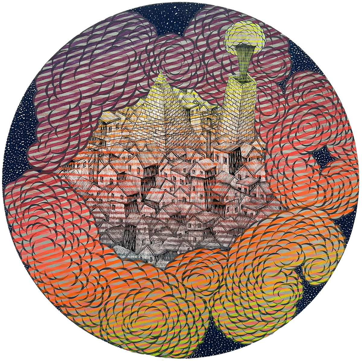 Andrew Schoultz, Pyramid City in Space, 2014-2025, acrylic on canvas over panel, diameter 24 in, diameter 61 cm, © Andrew Schoultz, Courtesy the artist and Hosfelt Gallery