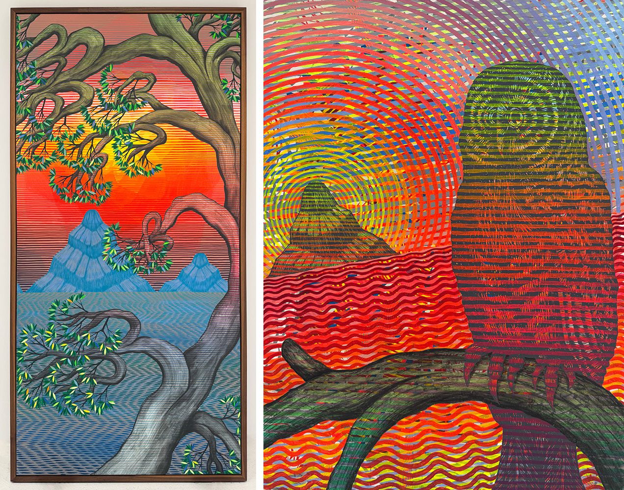 Left: Andrew Schoultz, The Sunset Above Calm Waters...Life Is a Trip, 2025, acrylic, graphite and collage on canvas, 109 x 52 1/2 in, 276.9 x 133.3 cm, © Andrew Schoultz, Courtesy the artist and Hosfelt GalleryRight: Andrew Schoultz, Rippled Sunset. There Is Beauty to Behold Out Yonder (Owl), 2025, acrylic and graphite on canvas over panel, 30 x 22 in, 76.2 x 55.9 cm, © Andrew Schoultz, Courtesy the artist and Hosfelt Gallery
