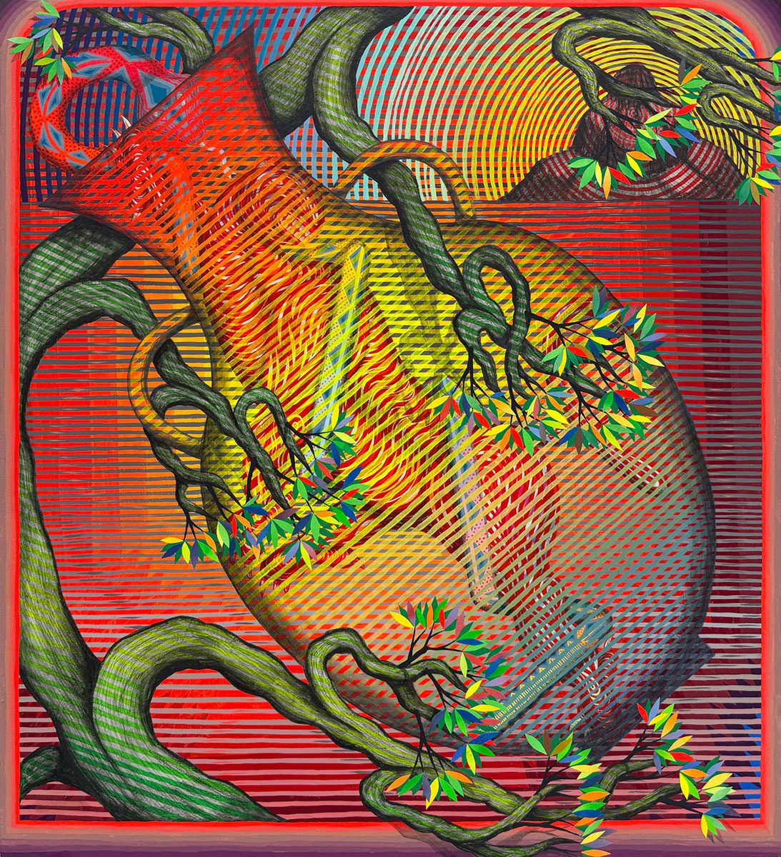 Andrew Schoultz, The Body Is a Vessel, Within It, a Beast, That Wrestles with What Is Good and What Is Bad, 2025, acrylic, graphite and collage on canvas over panel, 44 x 40 in, 111.8 x 101.6 cm, © Andrew Schoultz, Courtesy the artist and Hosfelt Gallery