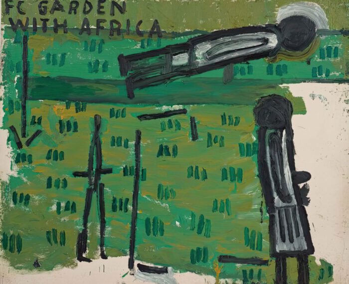 Rose Wylie, Green Garden Painting (Africa), (study for Dinner Outside), 2024, Oil on canvas, 59 7/8 x 72 1/4 inches (152 x 183.5 cm), Signed verso, © Rose Wylie, Courtesy the artist and David Zwirner Gallery