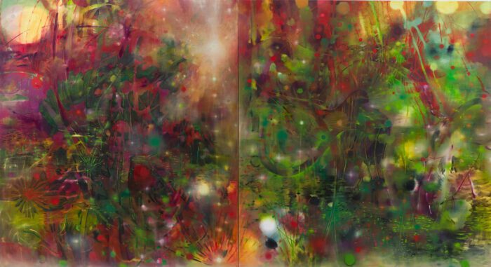 Li Hei Di, Liquid Meadow in the Lust of Dawn, 2022, oil on canvas, 67 × 134 inches, © Li Hei Di. Photo courtesy Pippy Houldsworth Gallery
