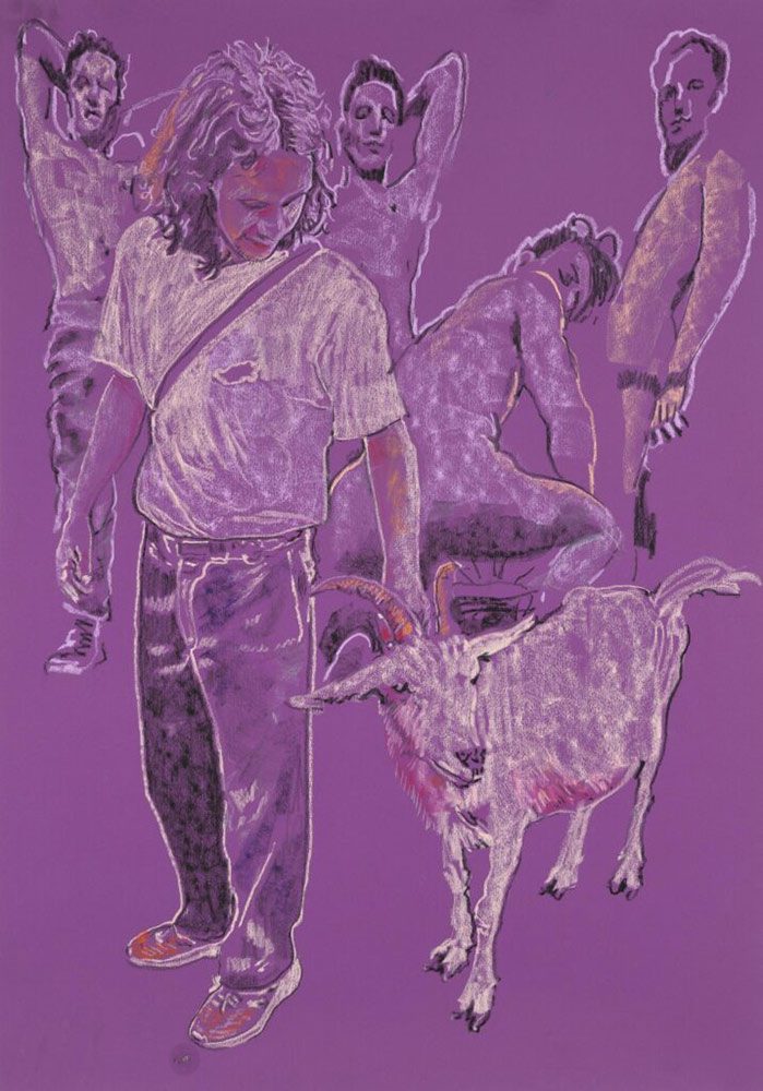 Rui Miguel Leitao Ferreira, Zoe and the Goat, 2024, oil pastel on paper, 100 x 70 cm, © Rui Miguel Leitao Ferreira, Courtesy the artist and Krinzinger Schottenfeld Gallery