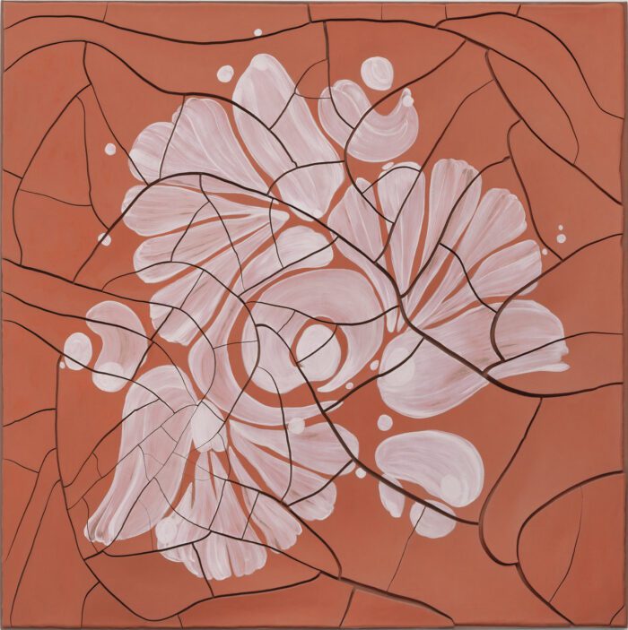 Adriana Varejão, Maragogipinho Flor, 2025, Oil and plaster on canvas, 64 5/8 x 64 5/8 inches (164 x 164 cm), © Adriana Varejão, Photo: Vicente de Mello, Courtesy the artist and Gagosian