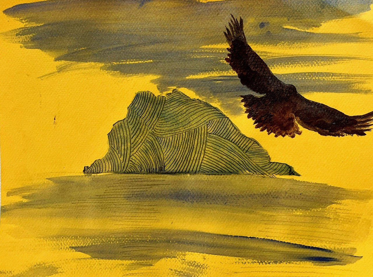 Drosia Tseri, the rocks with their visitors I, 2025, watercolours with graphite on paper, 24 X 32 cm