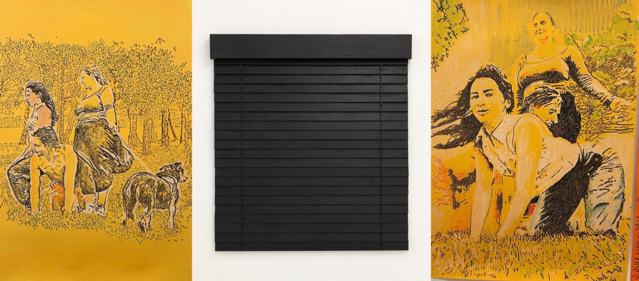 Left: Rui Miguel Leitao Ferreira, Untitled, 2024, oil pastel on paper, 100 x 70 cm, © Rui Miguel Leitao Ferreira, Courtesy the artist and Krinzinger Schottenfeld Gallery Center: Martin Sommer, B.C.R.B.P.B. -04, 2024, Plastic from car roof boxes, aluminium, pigment from price holders, 167 x 153 x 15 cm, © Martin Sommer, Courtesy the artist and Krinzinger Schottenfeld Gallery Right: Rui Miguel Leitao Ferreira, Untitled, 2024, oil pastel on paper, 100 x 70 cm, © Rui Miguel Leitao Ferreira, Courtesy the artist and Krinzinger Schottenfeld Gallery