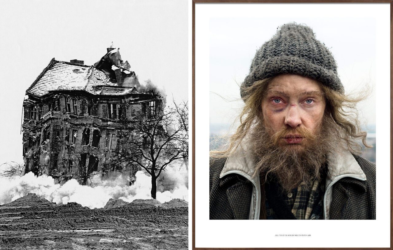 Left: Julian Rosefeldt, Detonation Deutschland, 1999. In collaboration with Piero Steinle, © Julian Rosefeldt, Courtesy the artist and C/O BerlinRight: Julian Rosefeldt, Manifesto (Karl Marx, 1848), 2017, © Julian Rosefeldt, Courtesy the artist and C/O Berlin
