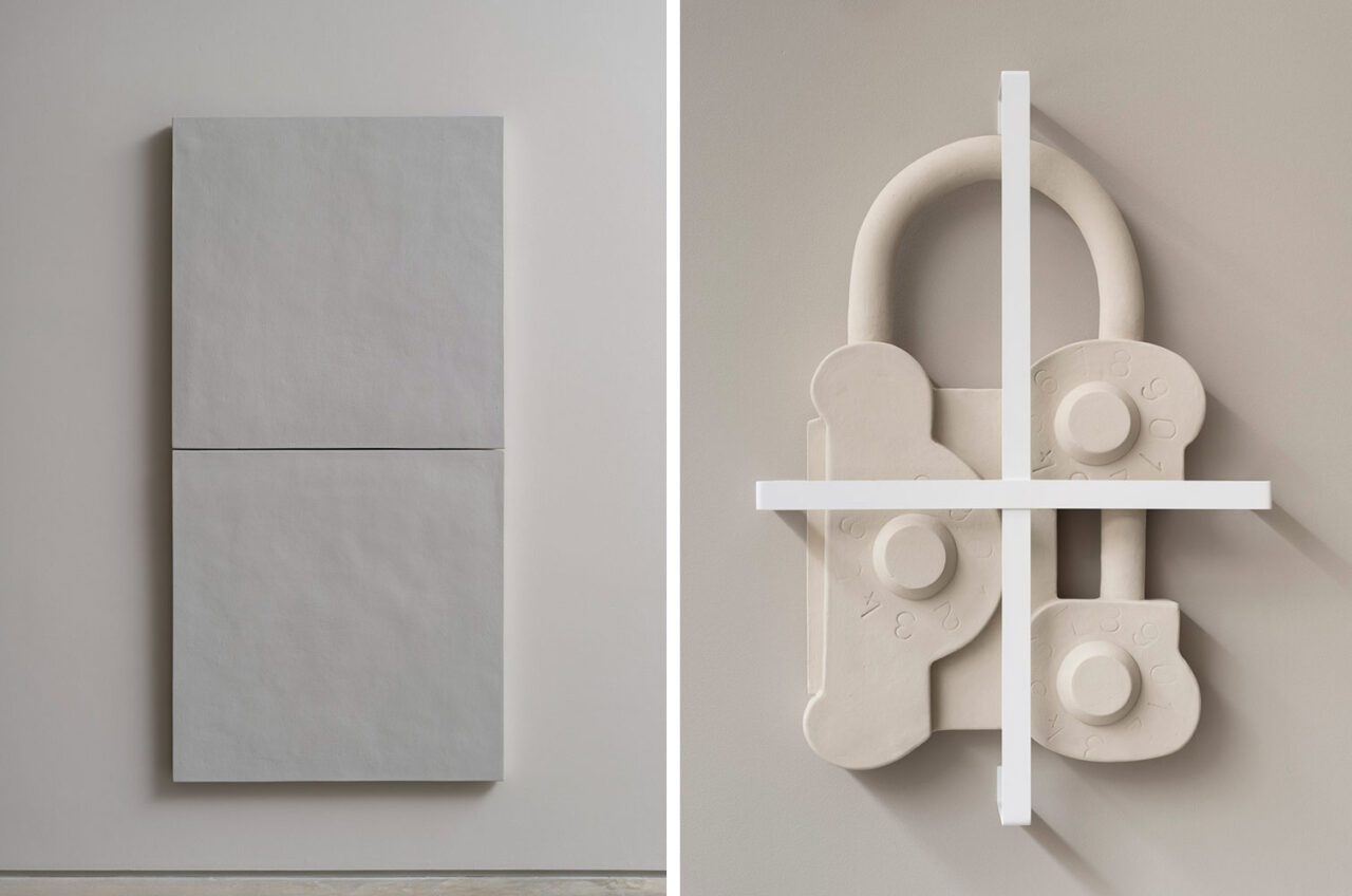 Left: Rosemarie Trockel, Gauge, 2025, Ceramic, Sol-silicate-paint, 2 parts: 30 3/4 x 30 3/4 x 2 3/4 inches each, © Rosemarie Trockel / Artists Rights Society (ARS), New York, Courtesy the artist, Gladstone Gallery and Sprüth Magers GalleryRight: Rosemarie Trockel, The Oracle of Delphi, 2011 Acrystal, steel, plastic, Edition 1 (+1 AP), 30 x 20 x 50 cm, 11 7/8 x 7 7/8 x 19 3/4 inches, © Rosemarie Trockel / Artists Rights Society (ARS), New York, Courtesy the artist, Gladstone Gallery and Sprüth Magers Gallery