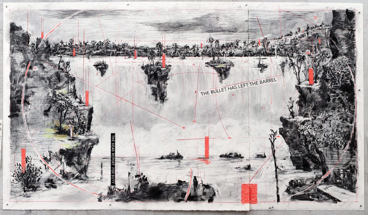 William Kentridge, Drawing for Self-Portrait as a Coffee-Pot (Waterfall), 2021, Charcoal, pastel and coloured pencil on paper, 128 x 223 cm, © William Kentridge. All Rights Reserved, DACS 2024, Photo: William Kentridge Studio, Courtesy the artist, Goodman Gallery and Hauser & Wirth
