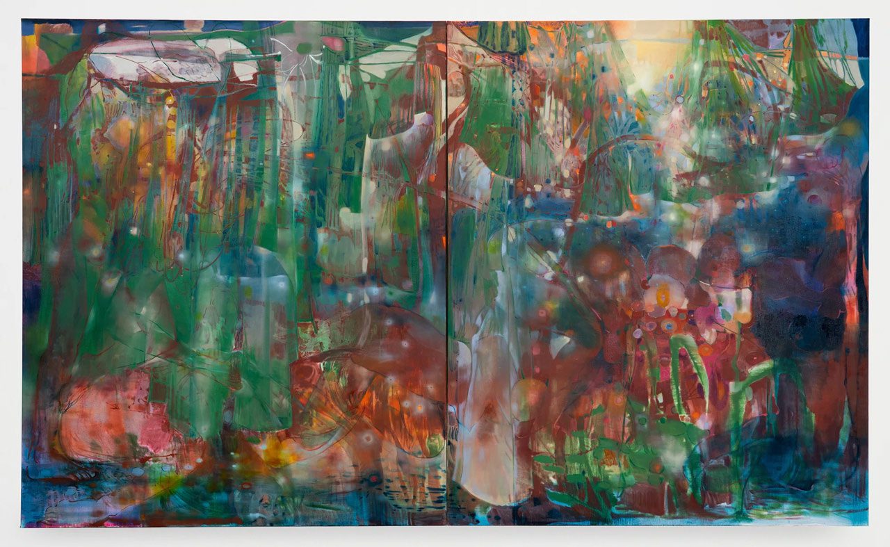 Li Hei Di, House of Small Offerings, 2024, oil on canvas, diptych, 71 x 118 inches © Li Hei Di. Photo courtesy Pippy Houldsworth Gallery