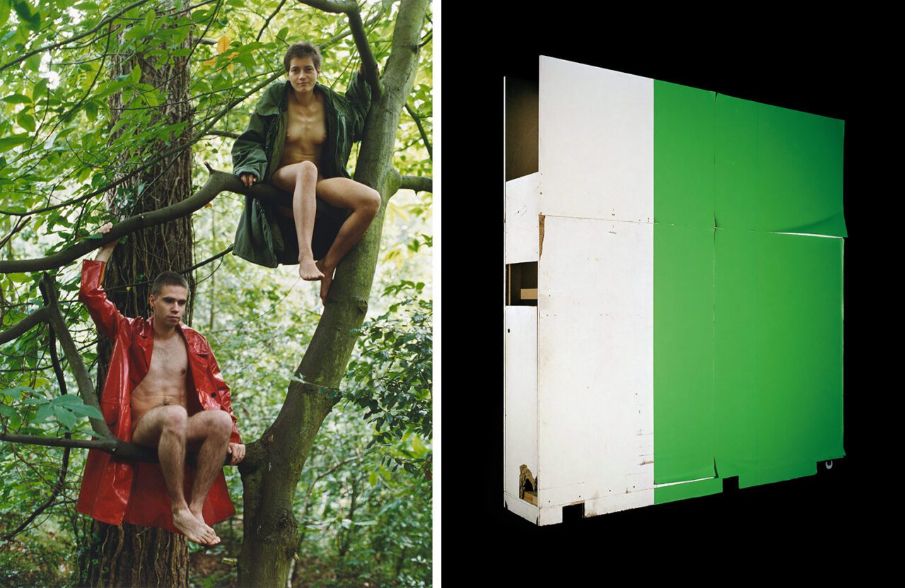 Left: Wolfgang Tillmans, Lutz & Alex sitting in the trees, 1992, C-print, 184.5 x 135 cm, Ed. 1/1 + 1 AP, © Wolfgang Tillmans, Courtesy of Galerie Buchholz, Maureen Paley, London, David Zwirner, New YorkRight: Christopher Williams, Wall from the exhibition 'Mathias Poledna/Christopher Williams', 7 February – 26 April 2009, Bonner Kunstverein, Bonn, Exhibited in 'The Production Line of Happiness', 29 April – 21 June, 2015, Whitechapel Gallery, London, Mobile wall system designed and constructed by Bonner Kunstverein, Bonn plywood, metal, wood, and ink on PVC-free wallpaper, 350 × 350 × 57 cm, Courtesy Bonner Kunstverein, Bonn, Wallpaper printed and installed by Omni Colour, London Studio Rhein Verlag, Düsseldorf, August 20, 2016 (Recto), 2016, Inkjet print on paper, 85.7 x 68.6 cm, Ed. 8/10, © Christopher Williams, Courtesy Capitain Petzel, Berlin & Galerie Gisela Capitain, Cologne, Photo: "1996-98 AccuSoft Inc., All right"