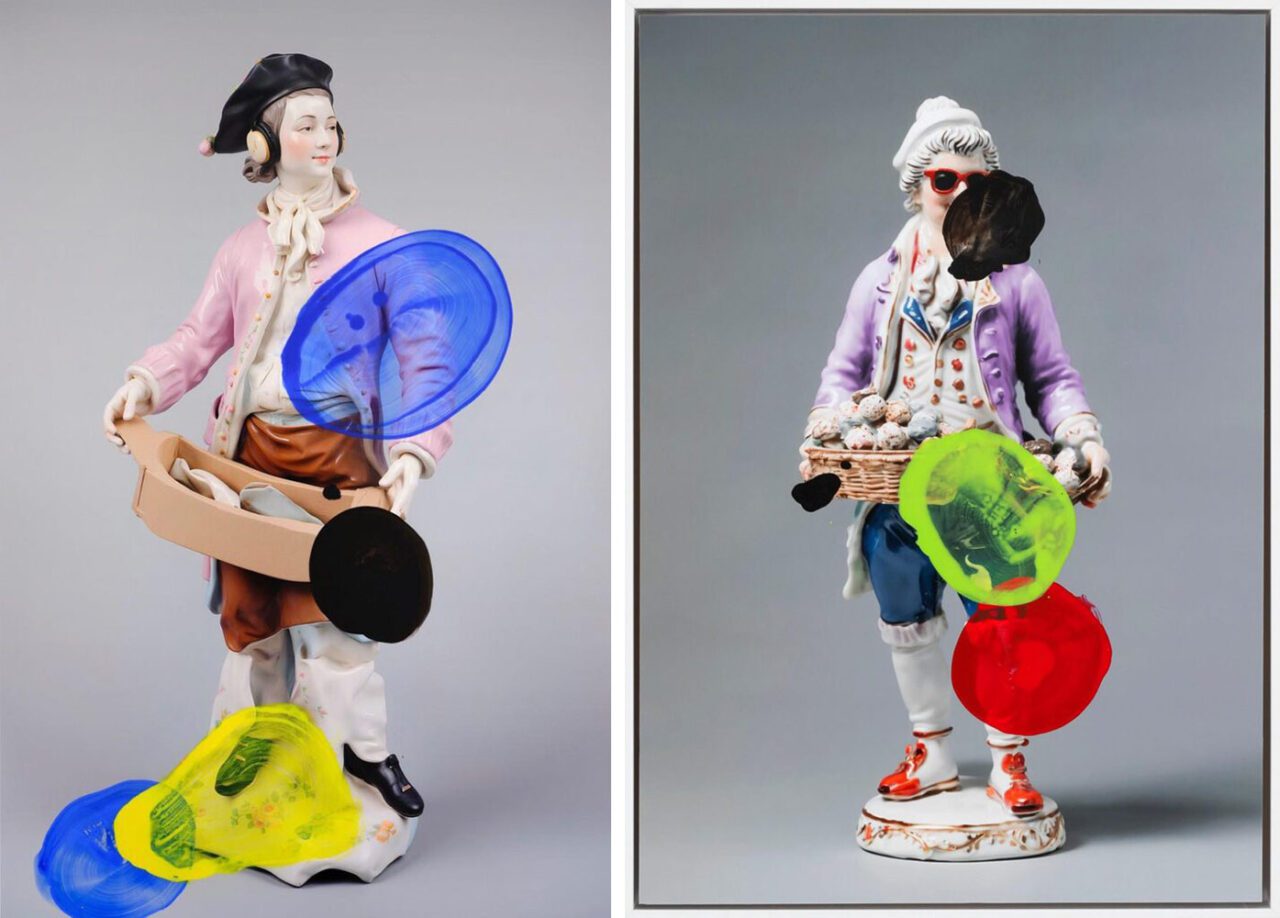 Left: Hanakam und Schuller, Der Amazon – Bote (The Amazon delivery man), 2024, AI, digital color photography, acrylic ink on Fuji Crystal Archive, 1/3 (Ed. 3 + 2AP) series of unique pieces, 96 x 64 cm, © Hanakam und Schuller, Courtesy the artists and Krinzinger Schottenfeld GalleryRight: Hanakam und Schuller, A rare figure of a F&B manager (“Tartuffe”), 2025, AI, digital color photography, acrylic ink on Fuji Crystal Archive. 1/3 (Ed. 3 + 2AP) series of unique pieces, 32x43,5 cm, © Hanakam und Schuller, Courtesy the artists and Krinzinger Schottenfeld Gallery