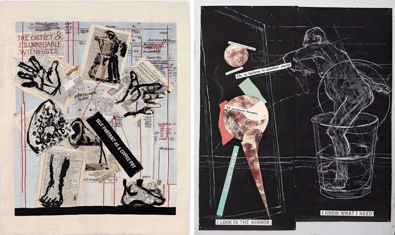 Left: William Kentridge, Self-Portrait as a Coffee-Pot, 2011, Lithograph, coloured pencil, found paper and collage on Arches d'Velin, Blanc 400, AP 2/3, Ed. of 35 + 3 AP, 98.5 x 80 cm / 38 3/4 x 31 1/2 inches 107.6 x 89.5 x 3.8 cm / 42 3/8 x 35 1/4 x 1 1/2 inches (framed), © William Kentridge. All Rights Reserved, DACS 2024, Photo: William Kentridge Studio, Courtesy the artist, Goodman Gallery and Hauser & WirthRight: William Kentridge, Drawing for Self-Portrait as a Coffee-Pot (I Look in the Mirror, I Know What I Need), 2020, Tempera paint, charcoal, pastel, coloured pencil, dry pigment and collage on paper, 250 x 212 cm, © William Kentridge. All Rights Reserved, DACS 2024, Photo: Thys Dullaart, Courtesy the artist, Goodman Gallery and Hauser & Wirth