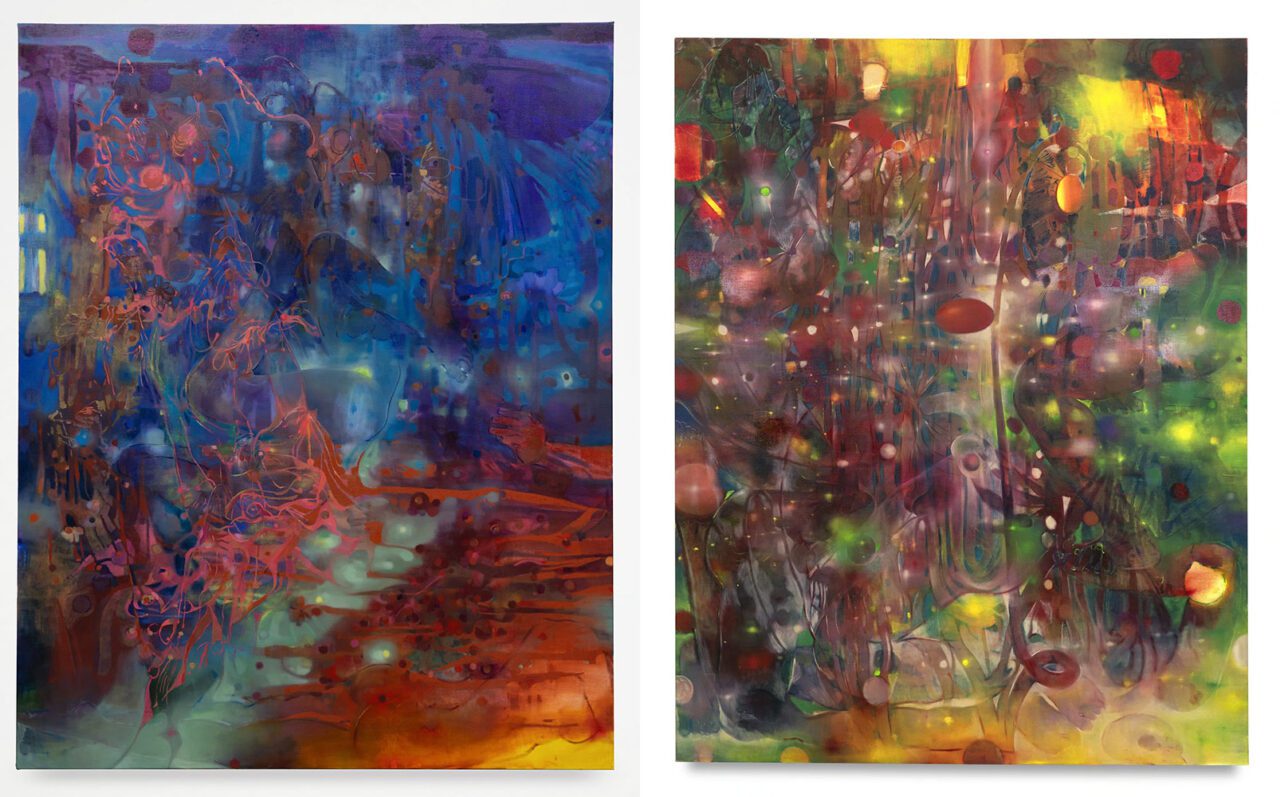Left: Li Hei Di, Drowing in the Thick Air of the Dissolute, 2024, oil on canvas, 78 1/2 x 63 inches © Li Hei Di. Photo courtesy Pippy Houldsworth GalleryRight: Li Hei Di, Unquenchable Laughter, Inescapable Desert, 2023, oil on linen, 74 3/4 x 59 inches © Li Hei Di. Photo courtesy Michael Kohn Gallery