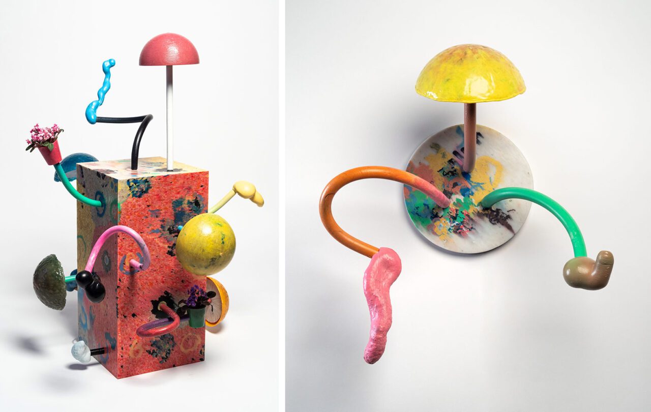 Left: Mika Rottenberg, Lampshare (bx 1.4), 2025, 91.4 x 83.8 x 86.4 cm / 36 x 33 x 34 in, Milled reclaimed household plastic and plant Lighting component: resin and electric hardware, Photo: Pete Mauney, © Mika Rottenberg, Courtesy the artist and Hauser & Wirth GalleryRight: Left: Mika Rottenberg, Lampshare (wall piece 7), 2025, 38.1 x 48.3 x 35.6 cm / 15 x 19 x 14 in, Milled reclaimed household plastic and plant Lighting component: resin and electric hardware, Photo: Pete Mauney, © Mika Rottenberg, Courtesy the artist and Hauser & Wirth Gallery