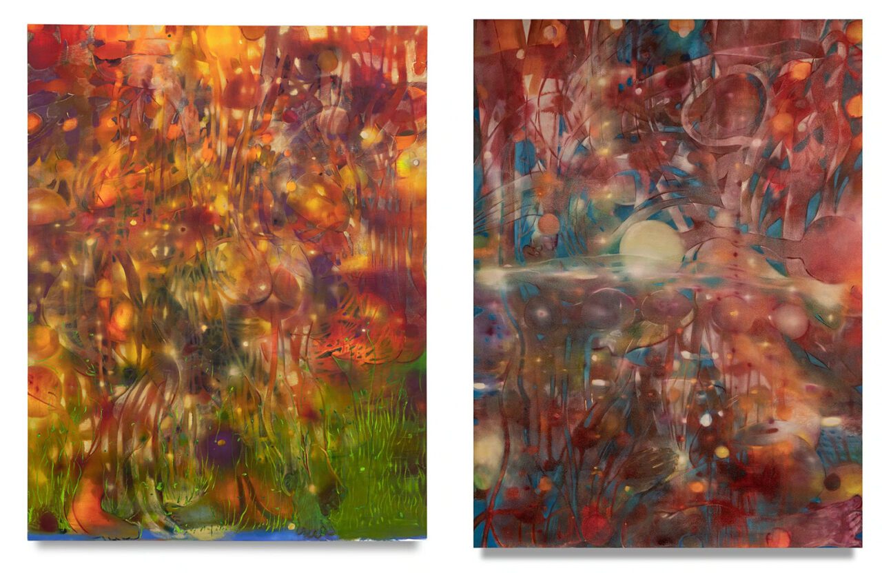 Left: Li Hei Di, Throat Slit Opened by the Sun, 2023, oil on linen, 70 7/8 x 55 1/8 inches © Li Hei Di. Photo courtesy Michael Kohn Gallery Right: Li Hei Di, Morning Breath of the Winter Sun, 2023, oil on linen, 63 x 45 1/4 inches © Li Hei Di. Photo courtesy Michael Kohn Gallery