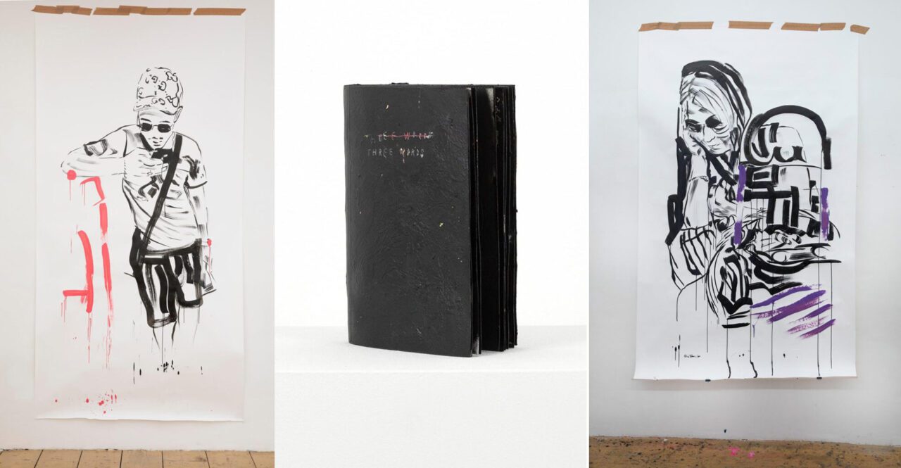 Left: Erik Schmidt, Neubaugasse, 2024, ink on paper, 290 x 150 cm, © Erik Schmidt, Courtesy the artist and Krinzinger Schottenfeld GalleryCenter: Zoe Miloš, Three Words, 2024, mixed media, 21 x 15 x 3 cm, © Zoe Miloš, Courtesy the artist and Krinzinger Schottenfeld Gallery Right: Erik Schmidt, Ahorngasse, 2024, ink on paper, 245 x 150 cm, © Erik Schmidt, Courtesy the artist and Krinzinger Schottenfeld Gallery