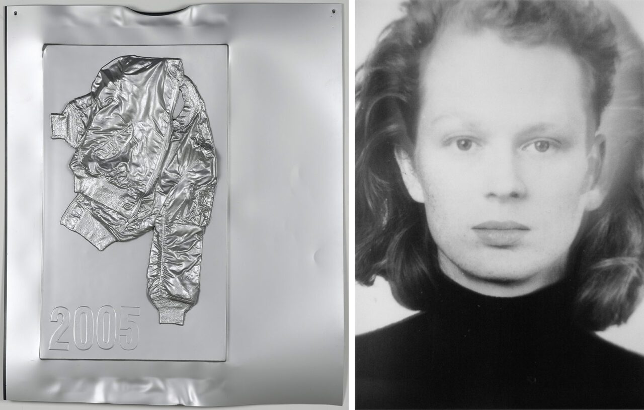 Left: Seth Price, Vintage Bomber, 2005, Vacuum-formed high-impact polystyrene 145 x 124.3 x 6 cm, © Seth Price Photo: Paul SeewerRight: Thomas Ruff, anderes Porträt Nr. 71/65, 1994/1995, Silkscreen on paper, 205.5 x 156 x 5.5 cm, Ed. 2/3, © Thomas Ruff / VG Bild-Kunst, Bonn 2025 Courtesy the artist