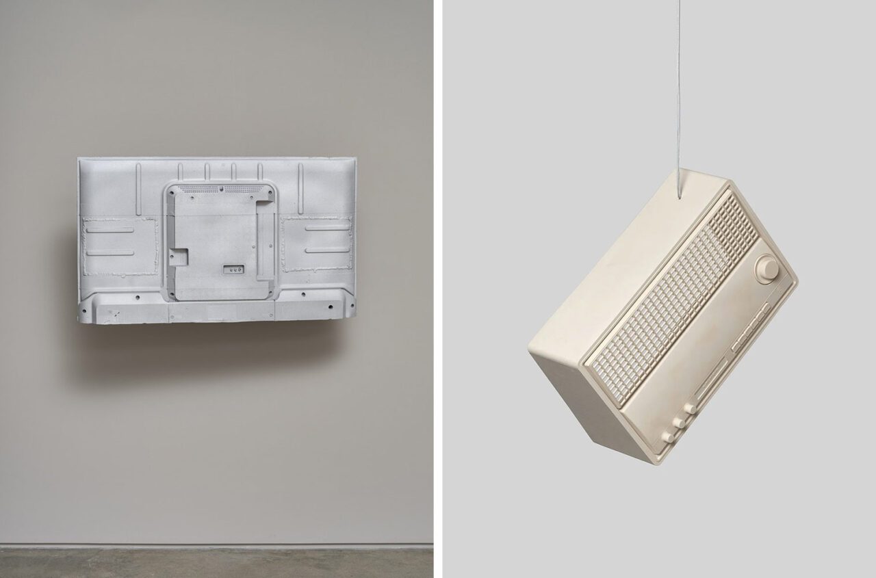 Left: Rosemarie Trockel, Gauge, 2025, Ceramic, Sol-silicate-paint, 2 parts: 30 3/4 x 30 3/4 x 2 3/4 inches each, © Rosemarie Trockel / Artists Rights Society (ARS), New York, Courtesy the artist, Gladstone Gallery and Sprüth Magers GalleryRight: Rosemarie Trockel, The Oracle of Delphi, 2011 Acrystal, steel, plastic, Edition 1 (+1 AP), 30 x 20 x 50 cm, 11 7/8 x 7 7/8 x 19 3/4 inches, © Rosemarie Trockel / Artists Rights Society (ARS), New York, Courtesy the artist, Gladstone Gallery and Sprüth Magers Gallery
