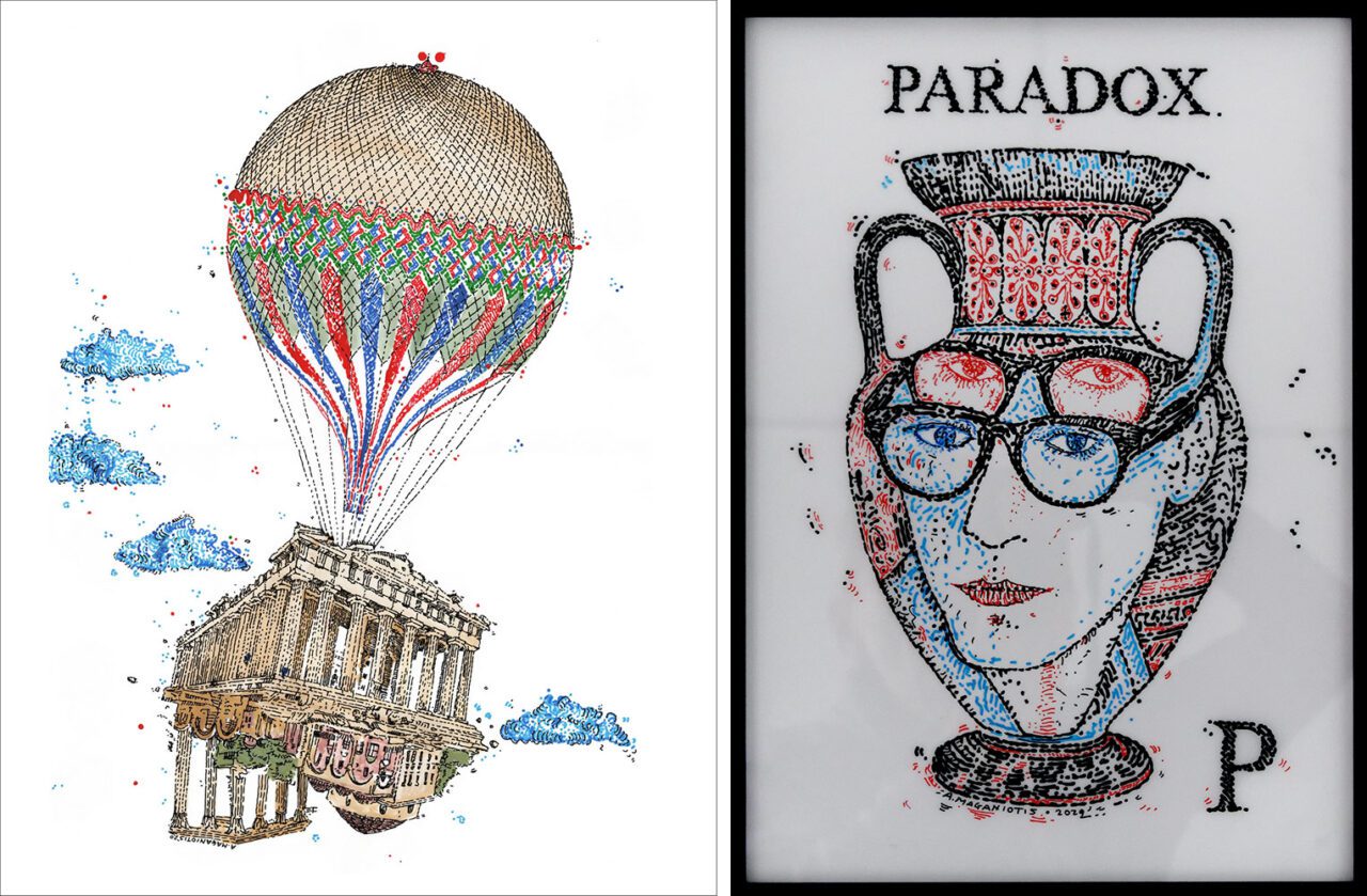 Left: Alexandros Maganiotis, Athens in a Balloon, 2020, Digital Print on Paper, 40 Χ 50 cm Right: Alexandros Maganiotis, P for Paradox, 2019-2022, Acrylic on semi-transparent film, 42 x 30 cm