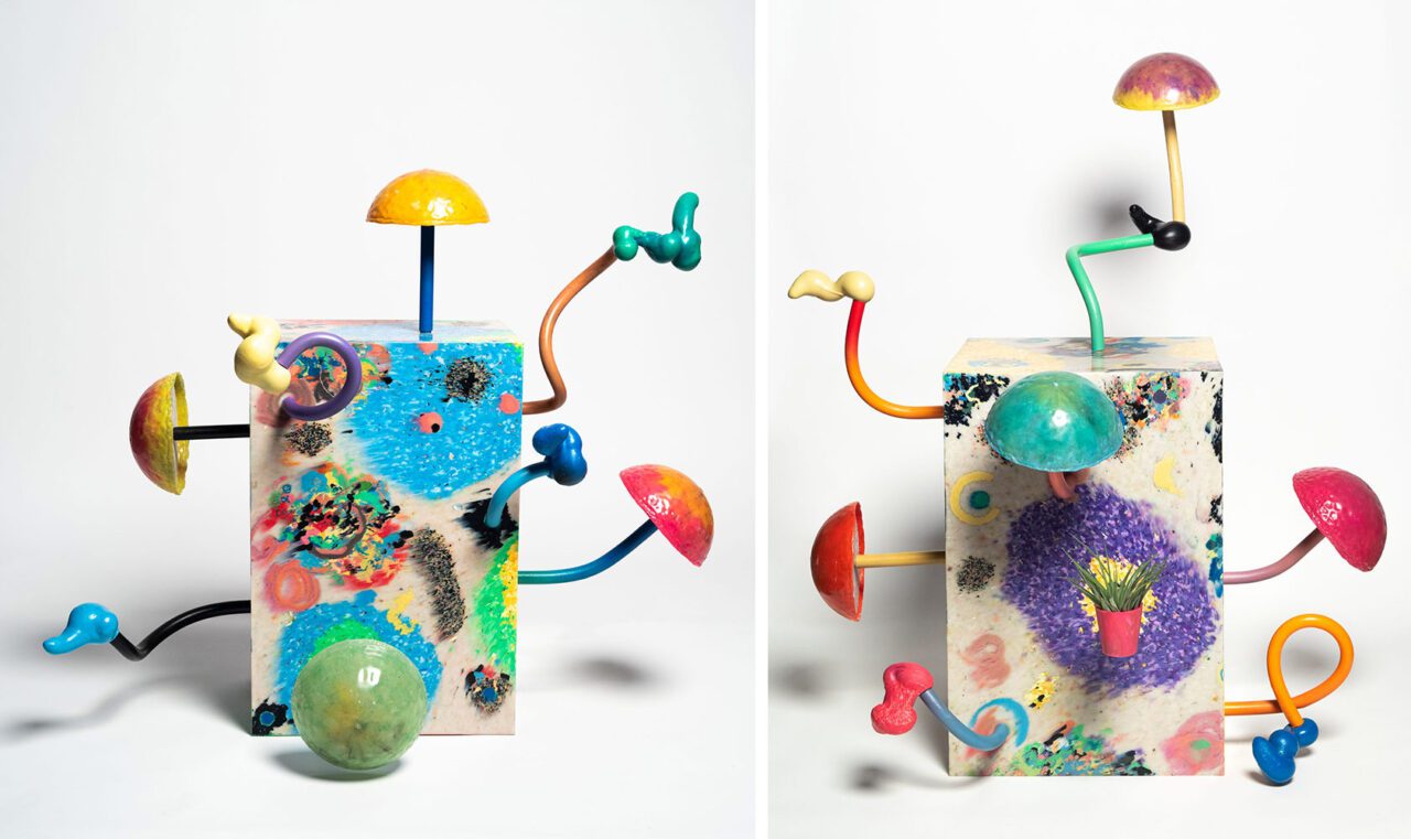 Left: Mika Rottenberg, Lampshare (bx 1.7), 2025, 88.9 x 99.1 x 58.4 cm / 35 x 39 x 23 in, Milled reclaimed household plastic and plant Lighting component: resin and electric hardware, Photo: Damian Griffiths, © Mika Rottenberg, Courtesy the artist and Hauser & Wirth GalleryRight: Left: Mika Rottenberg, Lampshare (bx 1.6), 2025, 114.3 x 86.4 x 88.9 cm / 45 x 34 x 35 inn, Milled reclaimed household plastic and plant Lighting component: resin and electric hardware, Photo: Damian Griffiths, © Mika Rottenberg, Courtesy the artist and Hauser & Wirth Gallery