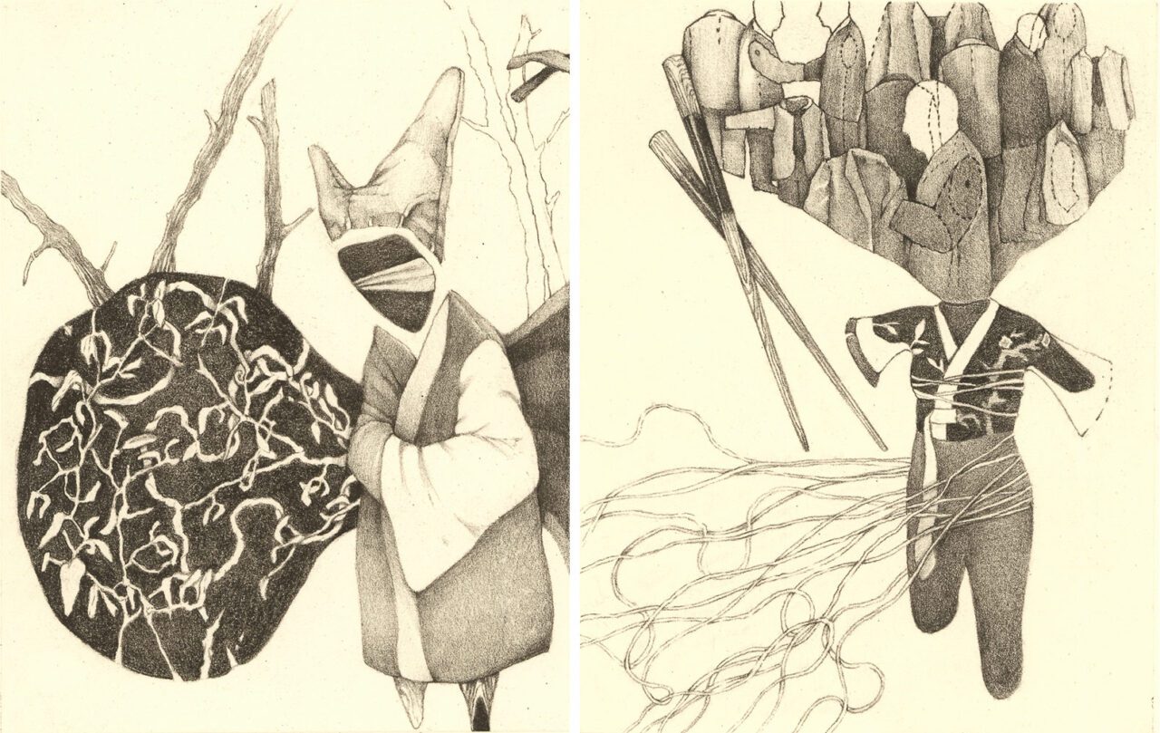 Left: Marina Bompou, “Kim Jiyoung I”, 2022, Algrafie, , 26 x 21 cm Right: Marina Bompou, “Kim Jiyoung III”, 2022, Algrafie, , 26 x 21cm