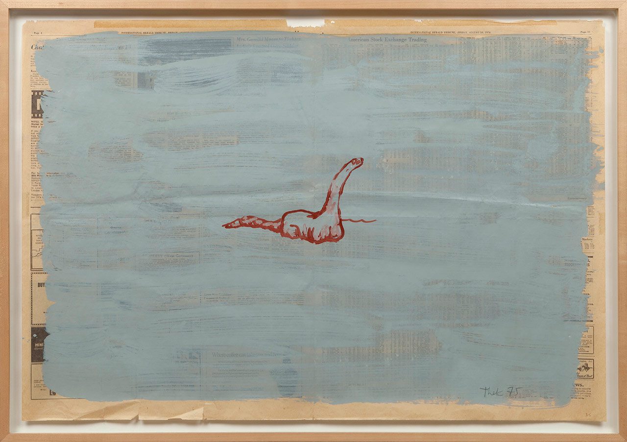 Paul Thek, Untitled (Dinosaur) 1975, Acrylic on newspaper, 58 x 84 cm, © Estate of George Paul Thek, Courtesy Estate of Paul Thek & Mai 36 Galerie, Photo: Joerg Lohs