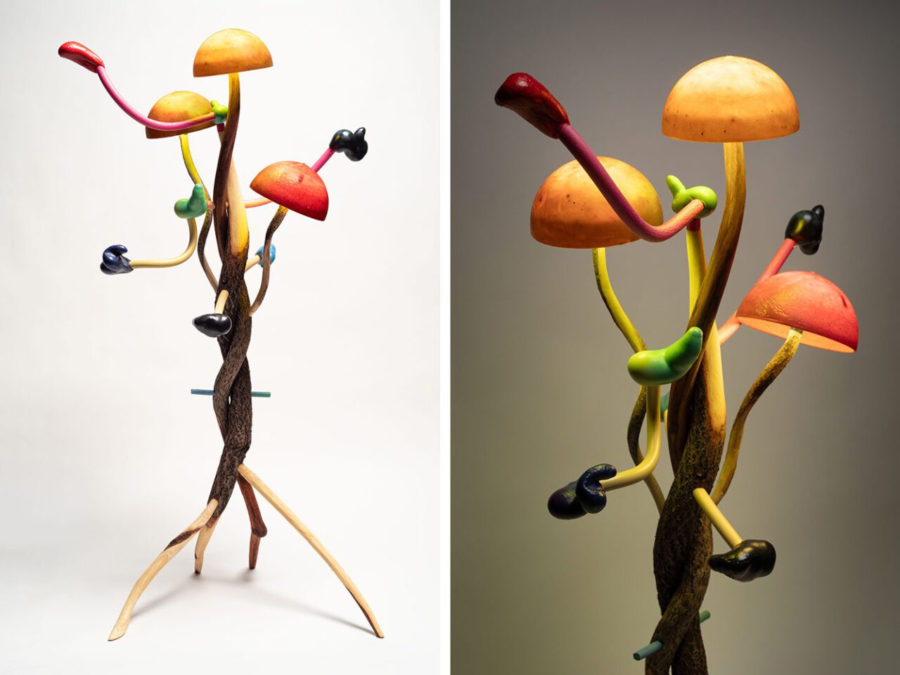 Left & Right: : Mika Rottenberg, Lampshare (P30), 2024, 177.8 x 91.4 x 76.2 cm / 70 x 36 x 30 in, Milled reclaimed household plastic and bittersweet vines, Lighting component: resin and electric hardware, Photo: Damian Griffiths, © Mika Rottenberg, Courtesy the artist and Hauser & Wirth Gallery