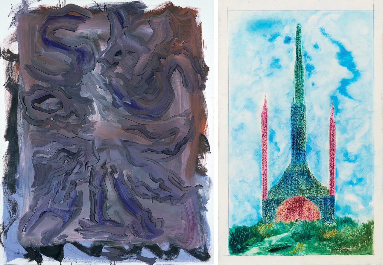 Left: Josh Smith, Untitled, 2005, Oil on canvas, 152 x 122 x 4.5 cm, © Josh Smith, Photo: Farzad Owrang Right: Eugene Von Bruenchenhein, Untitled (Aug 12-1978), 1978, Oil on cardboard, 81 x 50.5 cm, © Estate of Eugene Von Bruenchenhein
