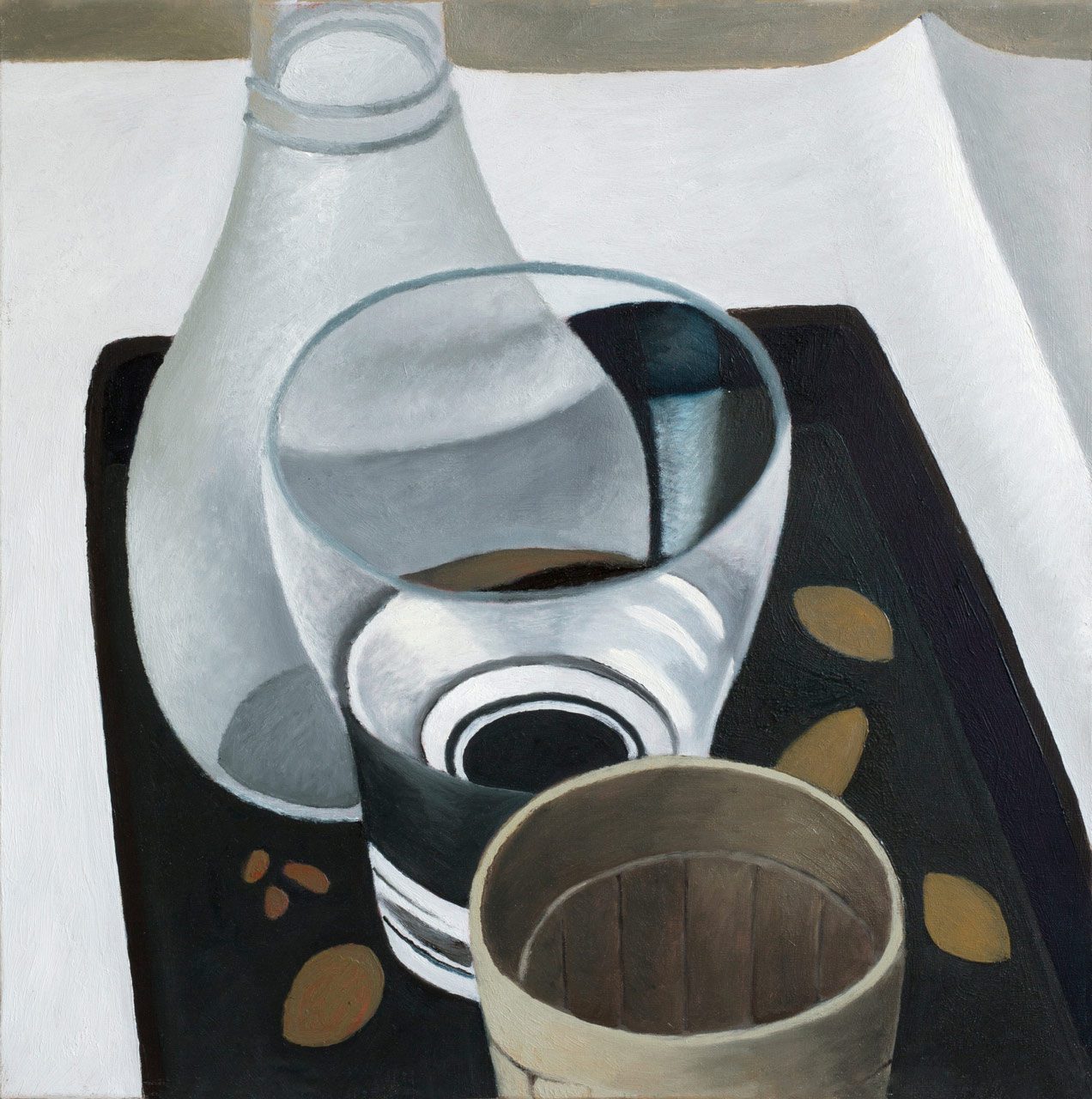 Nathalie Du Pasquier, Bicchiere e bottiglia su vassoio nero C0144, oil on canvas, 2001, 40 x40 cm