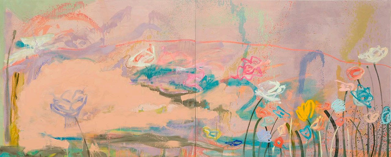 Austyn Weiner. Chicken Scratch (Shirley Ann), 2024–25. Oil on canvas in two parts, overall: 83 × 206 inches (210.8 × 523.2 cm), © Austyn Weiner, Courtesy the artist and Lévy Gorvy Dayan Gallery