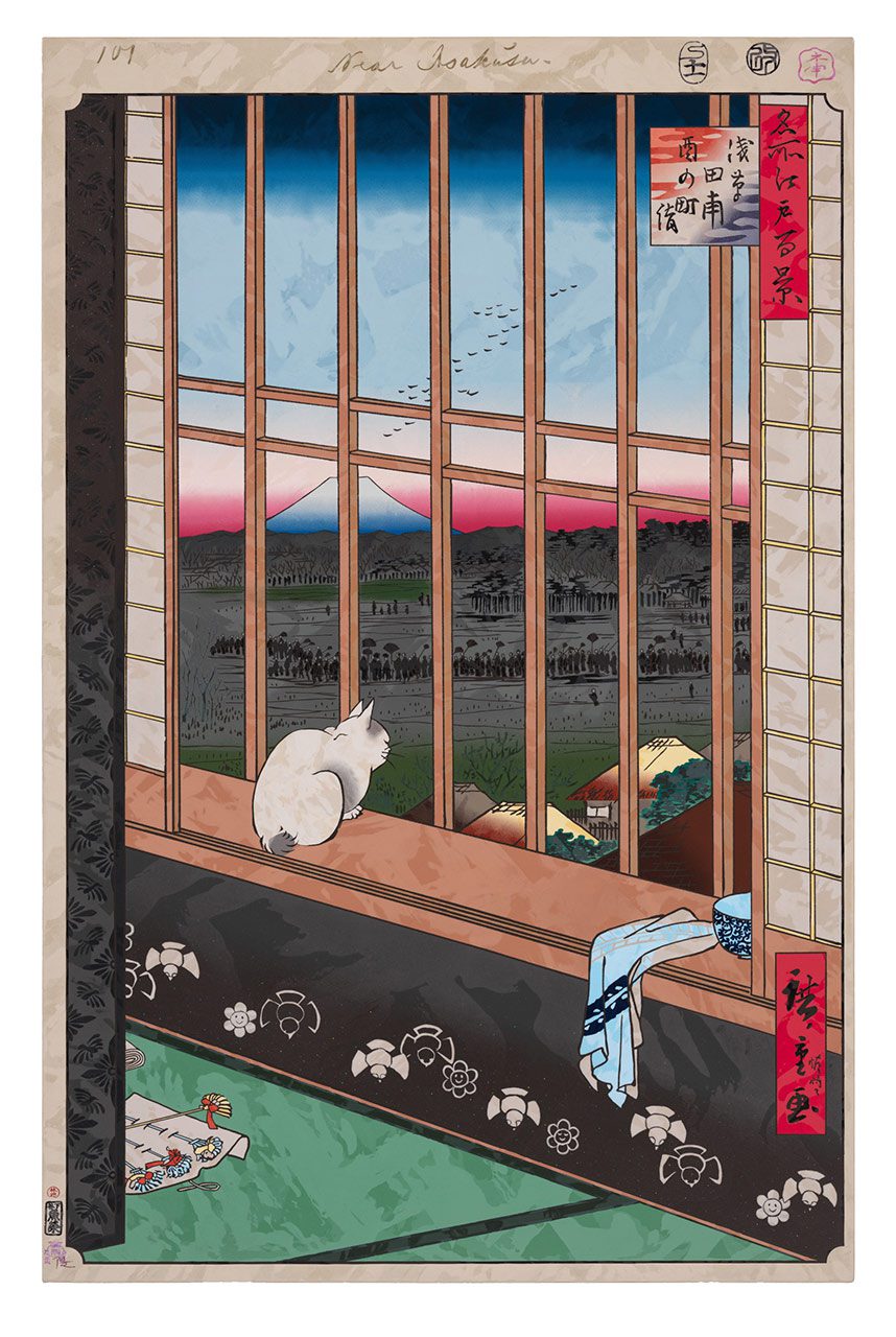 Takashi Murakami, Hiroshige’s 100 Famous Views of Edo: Japonisme Reconsidered—Asakusa Ricefields and Torinomachi Festival, 2024–25, Acrylic on canvas mounted on aluminum frame, 39 3/8 x 25 5/8 inches (100 x 65 cm), © 2024–2025 Takashi Murakami/Kaikai Kiki Co., Ltd. All rights reserved, Photo: Kei Okano, Courtesy the artist and Gagosian