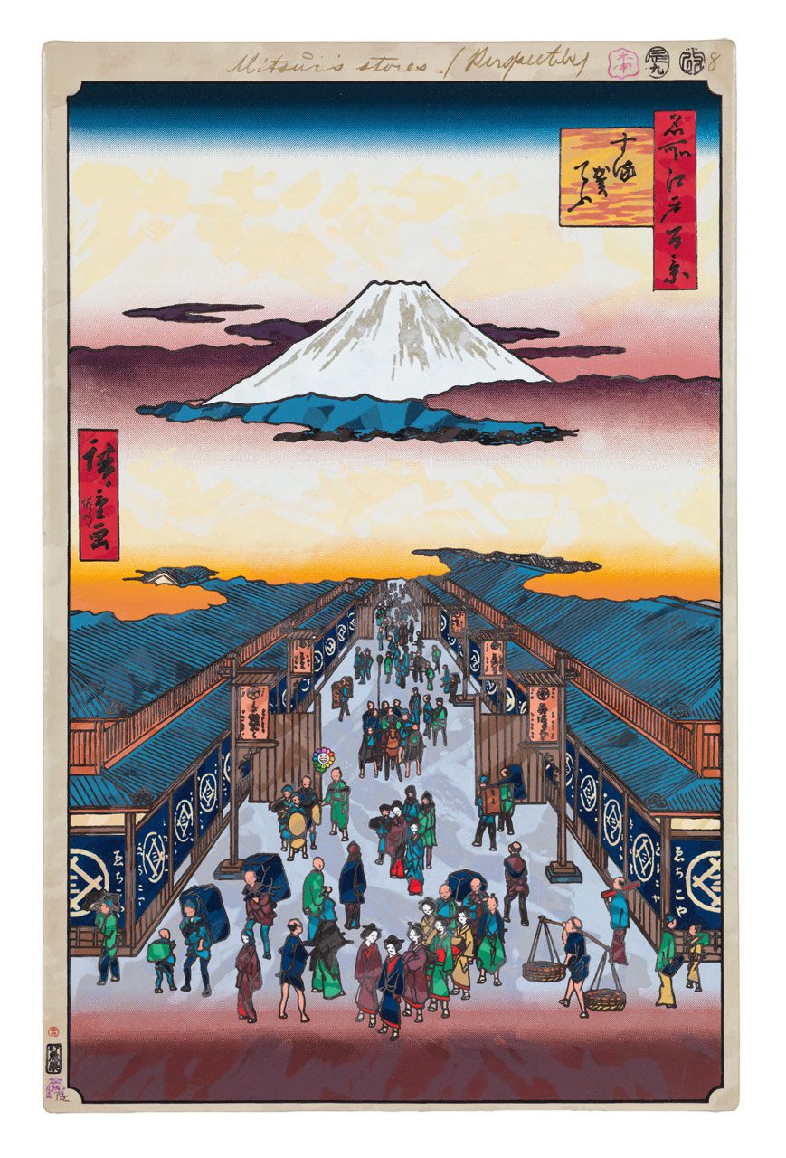 Takashi Murakami, Hiroshige’s 100 Famous Views of Edo: Japonisme Reconsidered— Suruga-chō, 2024–25, Acrylic on canvas mounted on aluminum frame, 14 1/2 x 9 1/2 inches (36.8 x 23.9 cm), © 2024–2025 Takashi Murakami/Kaikai Kiki Co., Ltd. All rights reserved, Photo: Kei Okano, Courtesy the artist and Gagosian