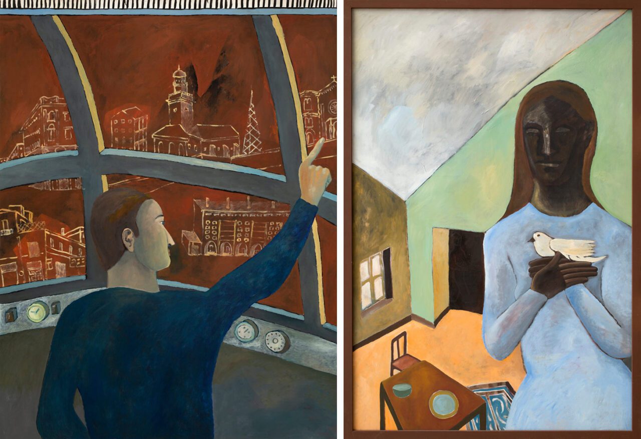 Left: Nathalie Du Pasquier, Untitled, oil on paper mounted on canvas, 1993, 107 x 140 cmRight: Nathalie Du Pasquier, Untitled, oil on canvas, 1989, 150 x 100 cm (104x154 cm framed)