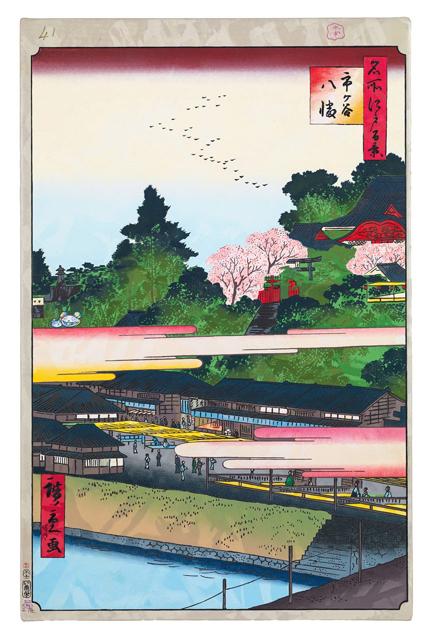 Takashi Murakami, Hiroshige’s 100 Famous Views of Edo: Japonisme Reconsidered—Ichigaya Hachiman Shrine, 2024–25, Acrylic on canvas mounted on aluminum frame, 14 1/2 x 9 1/2 inches (36.8 x 23.9 cm), © 2024–2025 Takashi Murakami/Kaikai Kiki Co., Ltd. All rights reserved, Photo: Kei Okano, Courtesy the artist and Gagosian