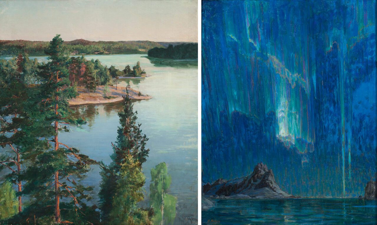 Left: Prince Eugen, Orlången Lake, Balingsta, 1891 Oil on canvas, 90 x 81 cm Prins Eugens Waldemarsudde, Stockholm Photo: Lars Engelhardt / Prins Eugens Waldemarsudde Right: Anna Boberg, Northern Lights. Study from North Norway, n.d. Oil on canvas, 97 x 75 cm Nationalmuseum, Stockholm, bequest 1946 Ferdinand and Anna Boberg Photo: Anna Danielsson/Nationalmuseum
