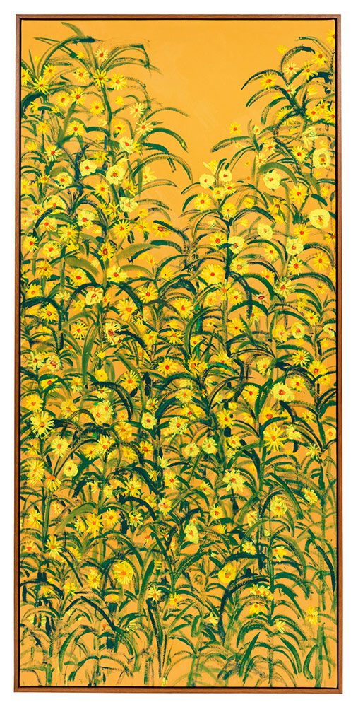 Cy Gavin, Untitled (Maximilian sunflower), 2024, Acrylic and vinyl on canvas, 121 3/4 x 58 5/8 x 2 1/2 inches (309.2 x 148.9 x 6.4 cm), © Cy Gavin, Photo: Maris Hutchinson, Courtesy Gagosian