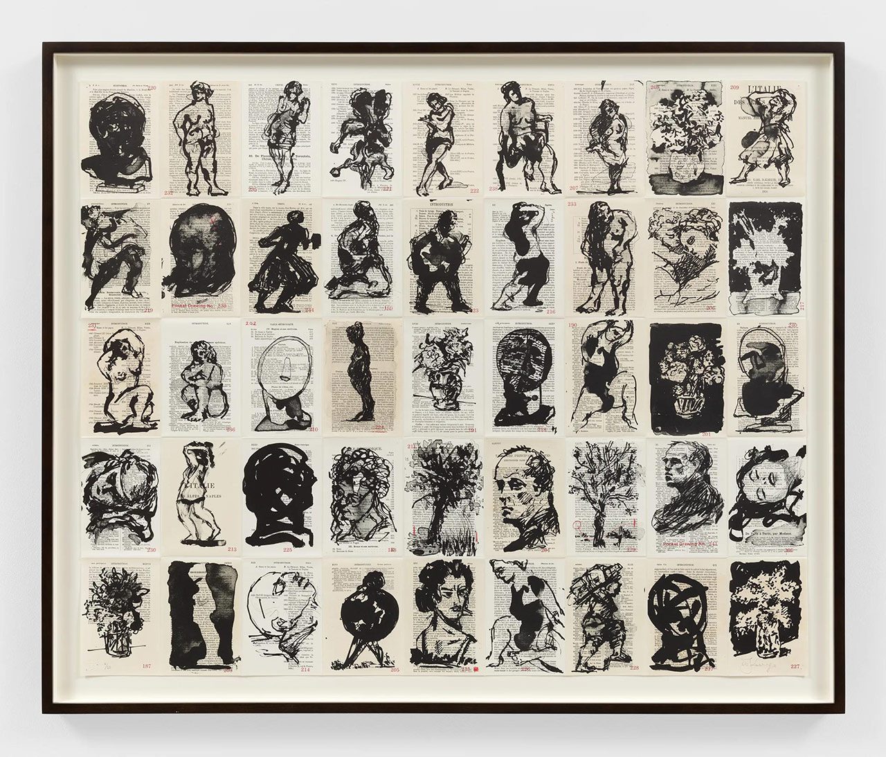 William Kentridge, Pocket Drawings 187 – 241, 2016, Lithogragh on Zerkall Butten 100 upported by 100% cotton fabric, Ed. 4/25, 80.3 x 98.1 cm / 31 5/8 x 38 5/8 in 89.5 x 107.3 x 3.8 cm / 35 1/4 x 42 1/4 x 1 1/2 in (framed), © William Kentridge. All Rights Reserved, DACS 2024, Photo: William Kentridge Studio, Courtesy the artist, Goodman Gallery and Hauser & Wirth