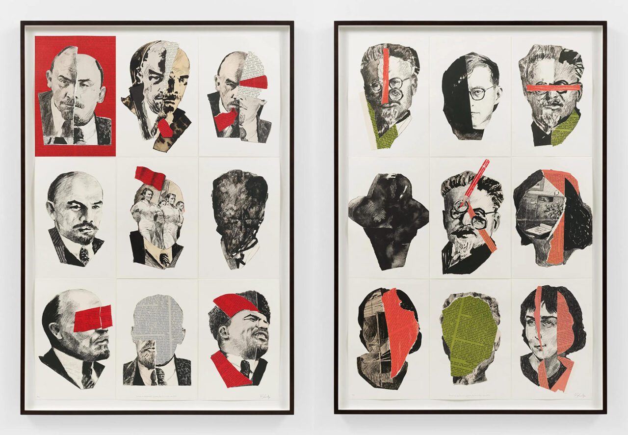 Left: William Kentridge, Portraits for Shostakovich Symphony No. 10 in E Minor, Opus 93 (I), 2022, Lithograph on Zerkall on BFK Rives 270 on 100% cotton cloth, Ed. 8/20, 165.4 x 111.5 cm / 65 1/8 x 43 7/8 in 176.8 x 122.9 x 5.1 cm / 69 5/8 x 48 3/8 x 2 in (framed)), © William Kentridge. All Rights Reserved, DACS 2024, Photo: William Kentridge Studio, Courtesy the artist, Goodman Gallery and Hauser & WirthRight: William Kentridge, Portraits for Shostakovich Symphony No. 10 in E Minor, Opus 93 (IV), 2022, Lithograph on Zerkall on BFK Rives 270 on 100% cotton cloth, Ed. 8/20, 165.4 x 111.5 cm / 65 1/8 x 43 7/8 in 176.8 x 122.9 x 5.1 cm / 69 5/8 x 48 3/8 x 2 in (framed), © William Kentridge. All Rights Reserved, DACS 2024, Photo: William Kentridge Studio, Courtesy the artist, Goodman Gallery and Hauser & Wirth