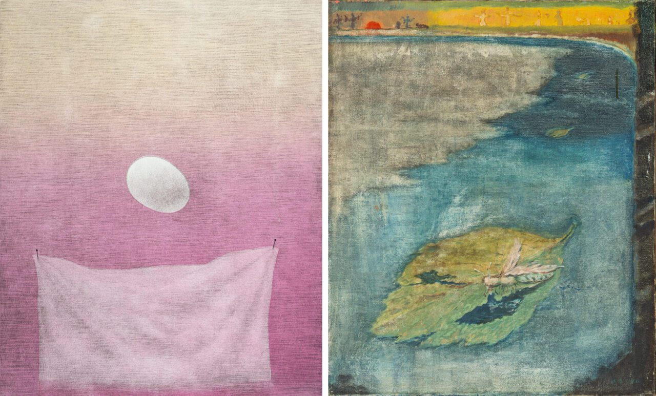 Left: Hwang Kyubaik, Pink Handkerchief and the Egg, 1973, mezzotint on paper, 42×34.5cm, MMCA Collection Right: Kim Ukkyu, no title, mid 1960s-early 1970s, oil paint on canvas, 60×50cm, courtesy of the artist's family
