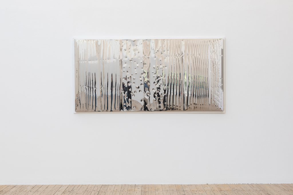Lars Fredrikson, Untitled, 1970, Bent, hammered and engraved stainless steel on wood, Courtesy Madeleine Fredrikson-Germain, Photo: Helene Toresdotter